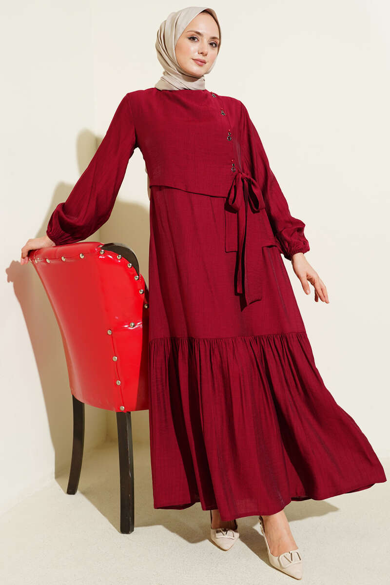 Tie Dress with Eyelet Detail - Burgundy