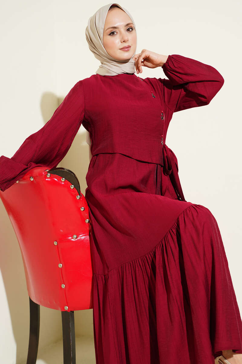 Tie Dress with Eyelet Detail - Burgundy