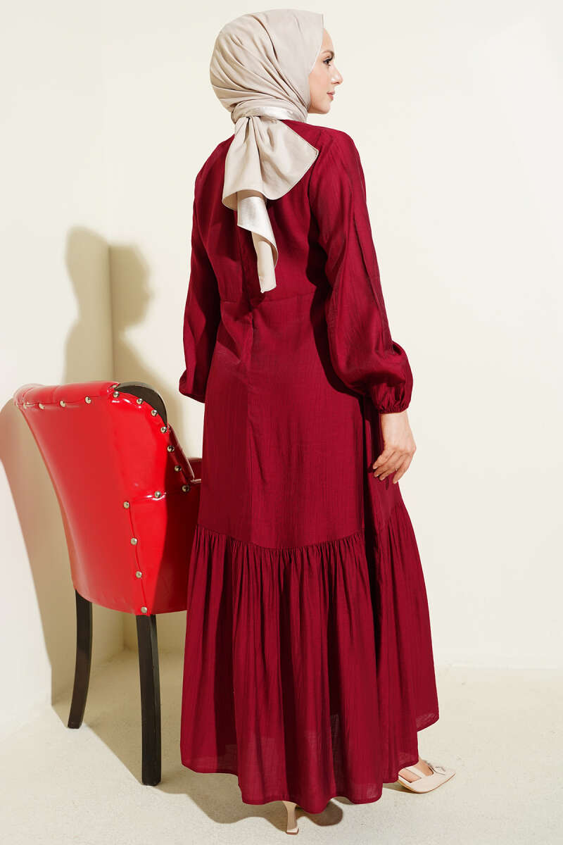 Tie Dress with Eyelet Detail - Burgundy