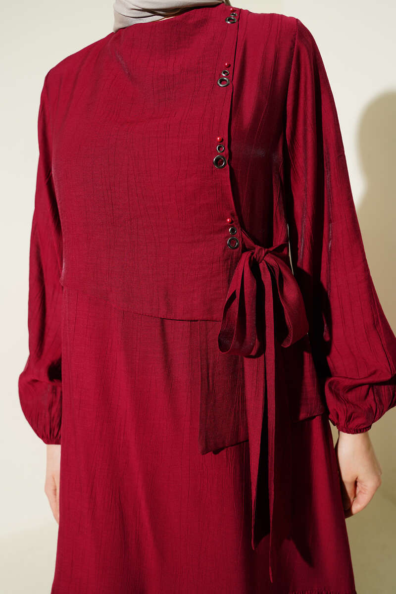 Tie Dress with Eyelet Detail - Burgundy