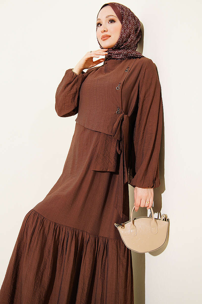 Tie Dress with Eyelet Detail - Brown