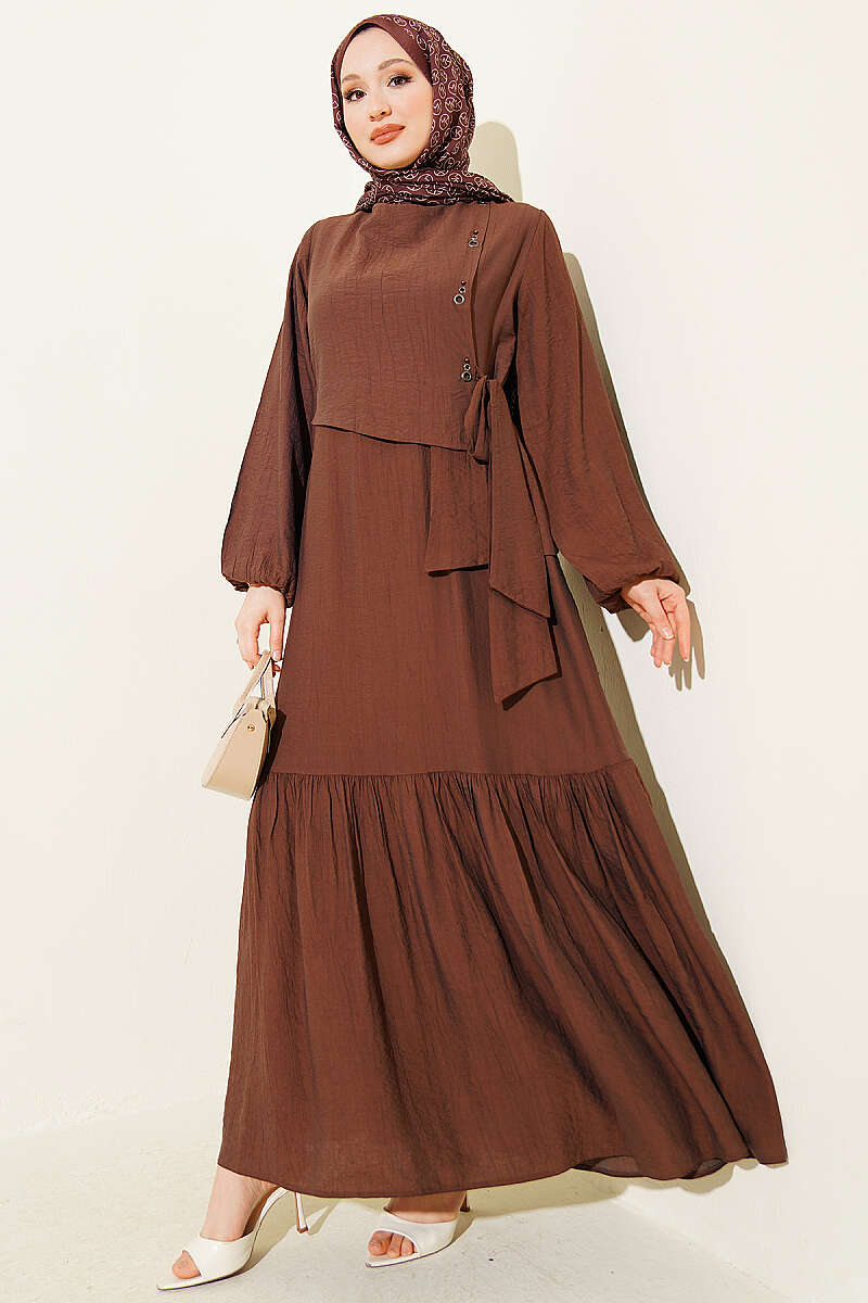 Tie Dress with Eyelet Detail - Brown