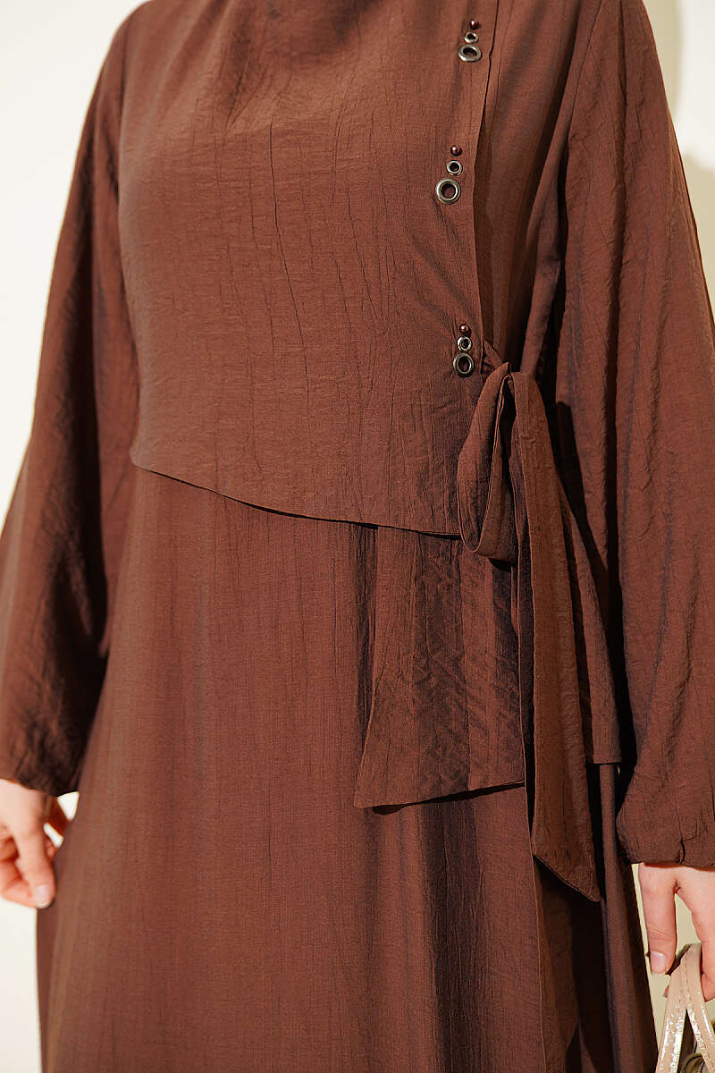 Tie Dress with Eyelet Detail - Brown
