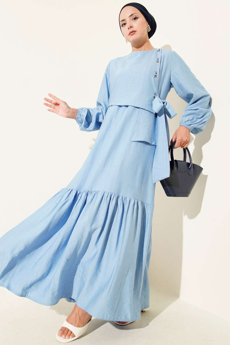 Tie Dress with Eyelet Detail - Blue