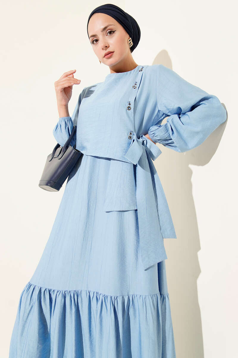 Tie Dress with Eyelet Detail - Blue