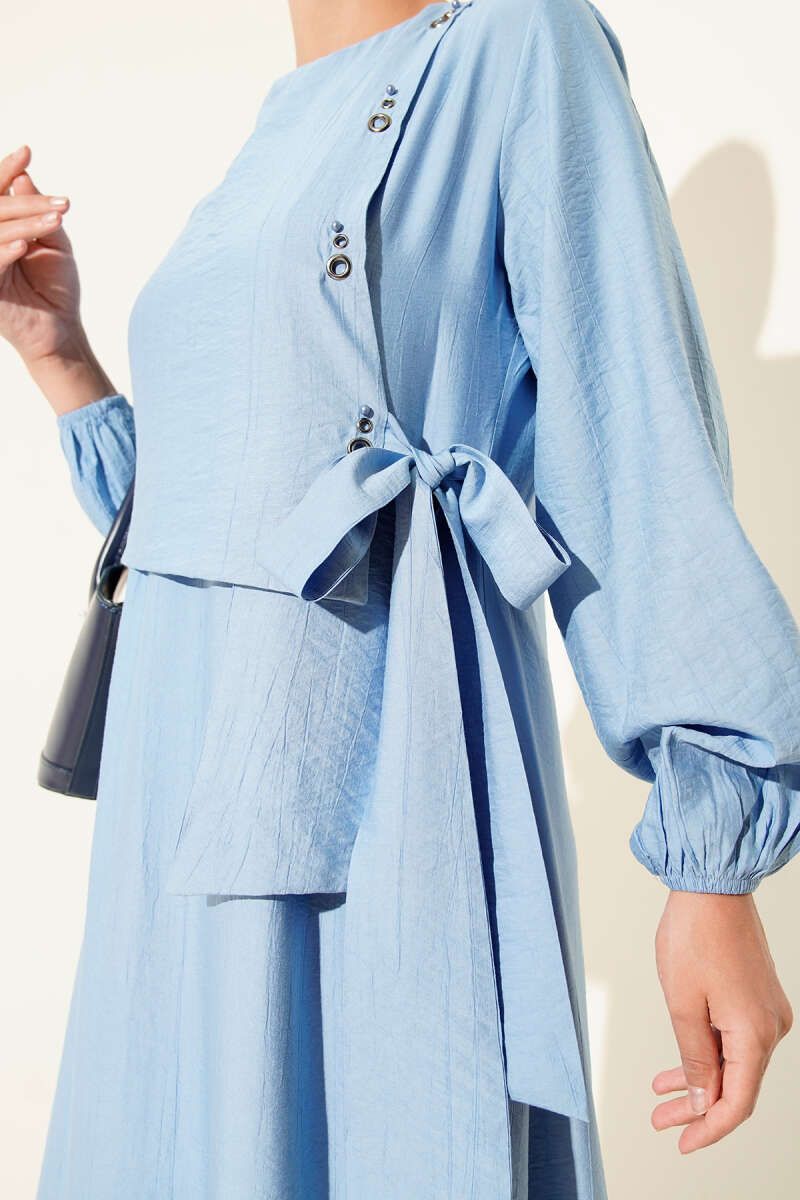 Tie Dress with Eyelet Detail - Blue