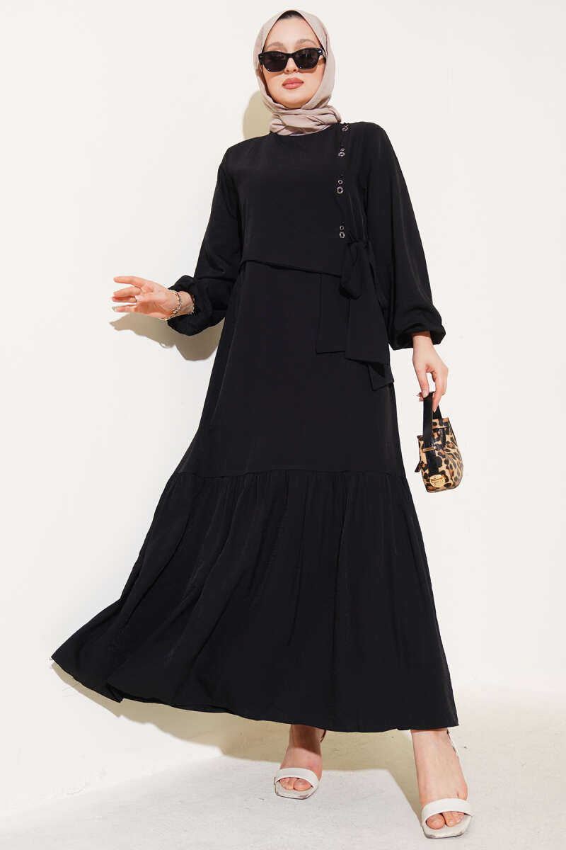 Tie Dress with Eyelet Detail - Black