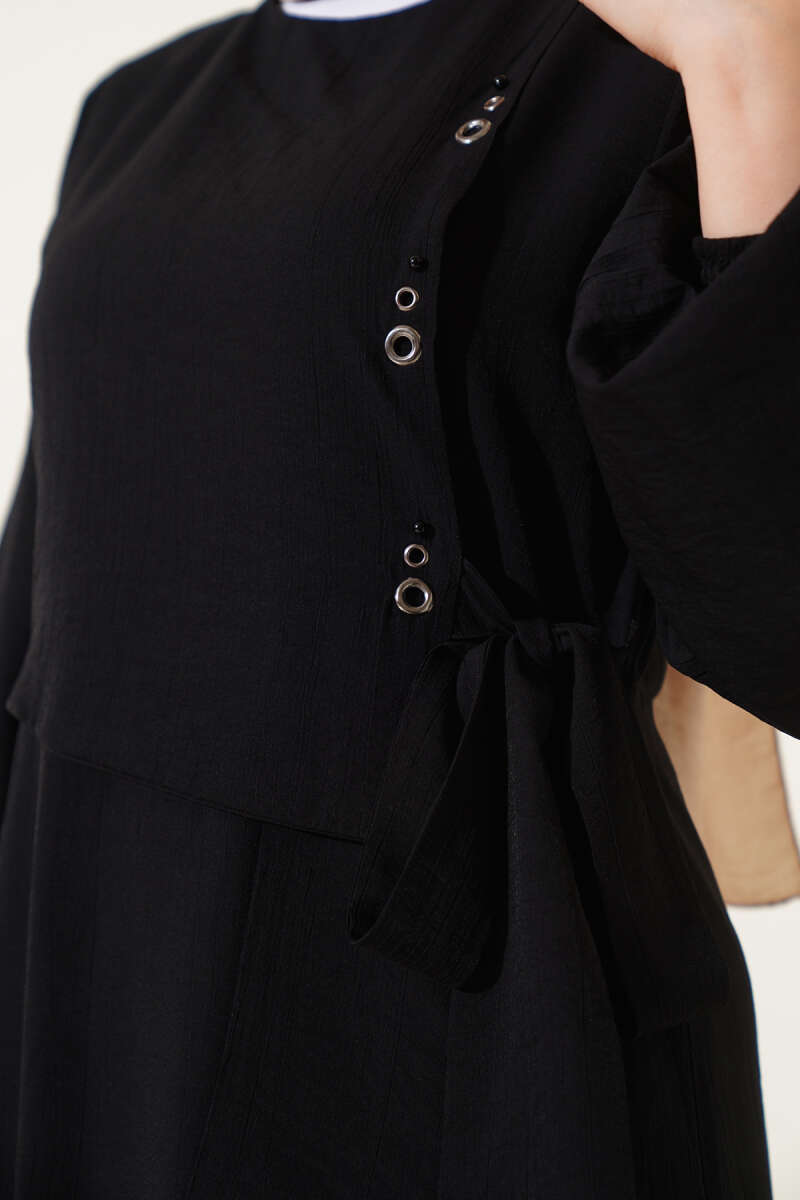Tie Dress with Eyelet Detail - Black