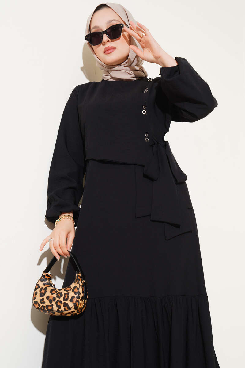 Tie Dress with Eyelet Detail - Black