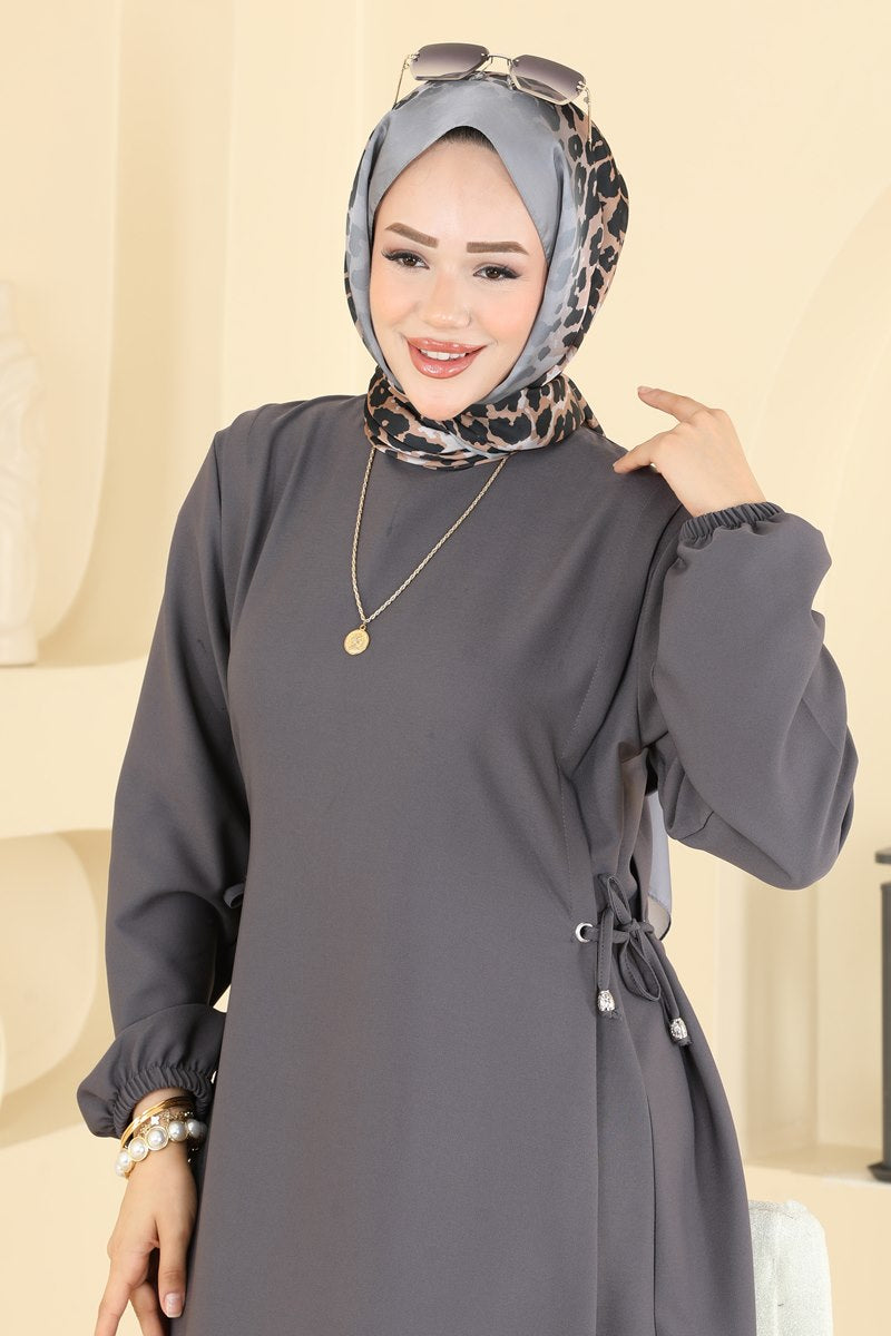 Double Knit Dress with Eyelet Detail - Charcoal