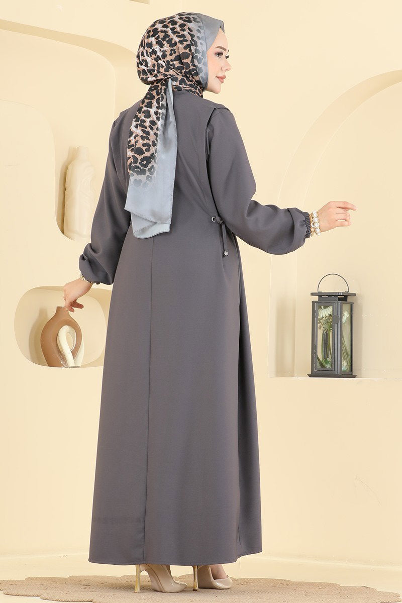 Double Knit Dress with Eyelet Detail - Charcoal