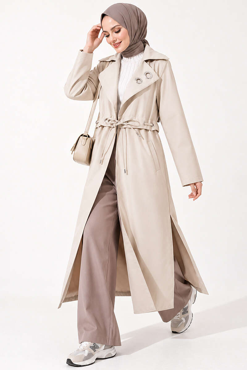 Trench Coat with Eyelet Detail - Beige
