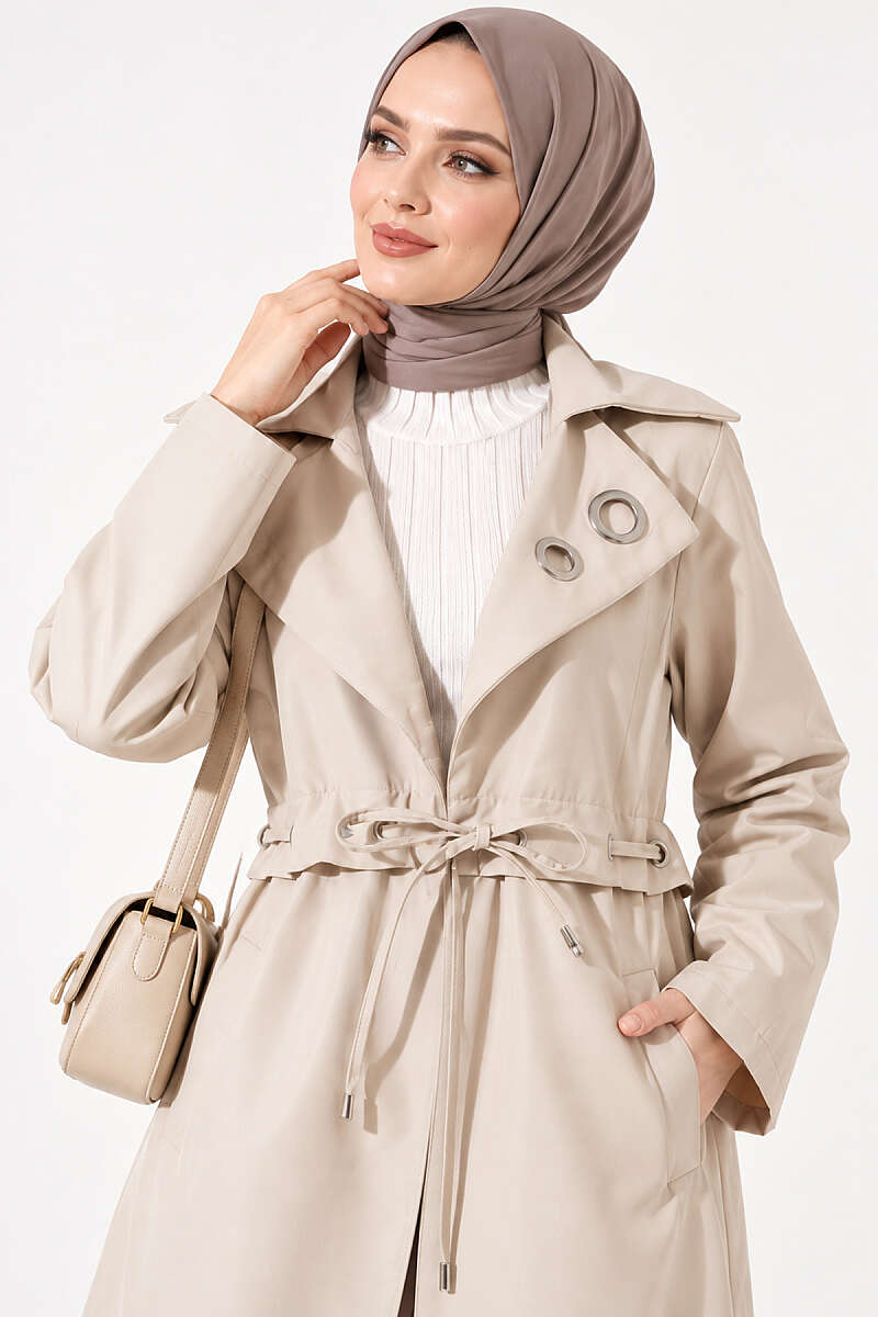 Trench Coat with Eyelet Detail - Beige