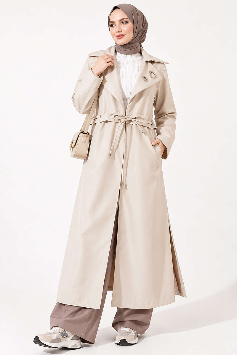 Trench Coat with Eyelet Detail - Beige