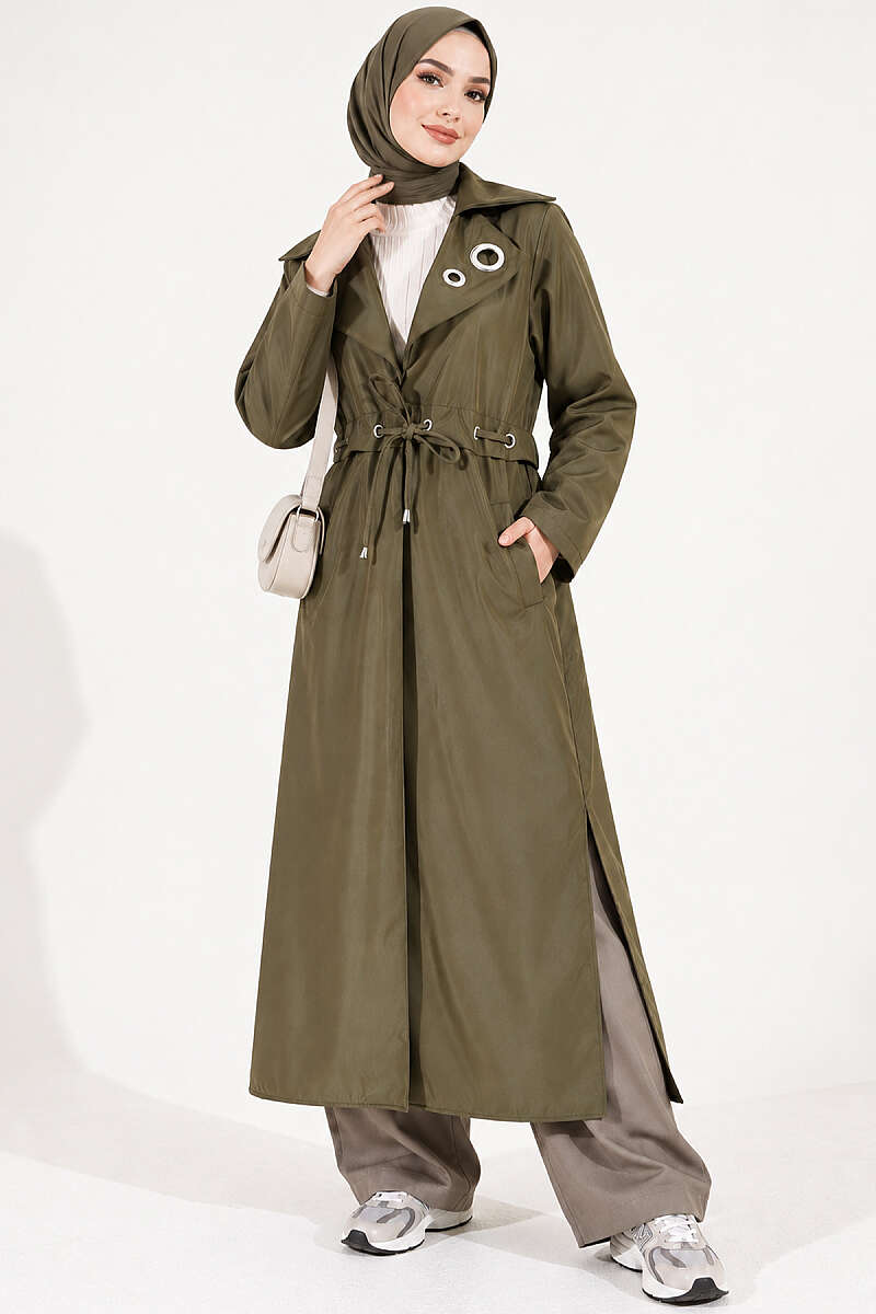 Trench Coat with Eyelet Detail - Khaki