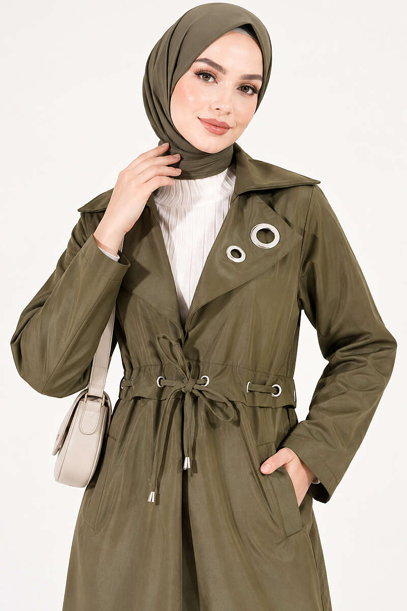 Trench Coat with Eyelet Detail - Khaki