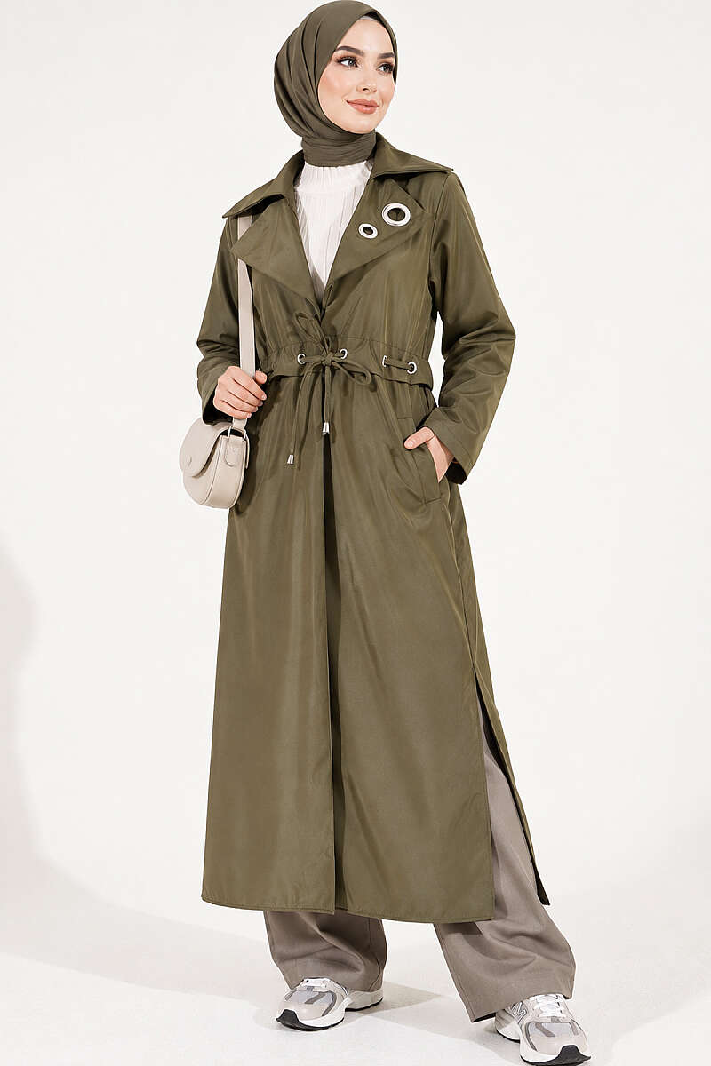 Trench Coat with Eyelet Detail - Khaki