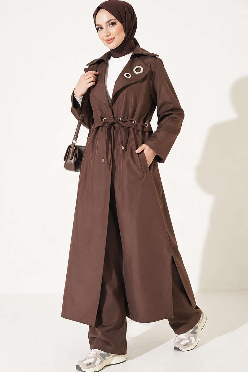 Trench Coat with Eyelet Detail - Brown