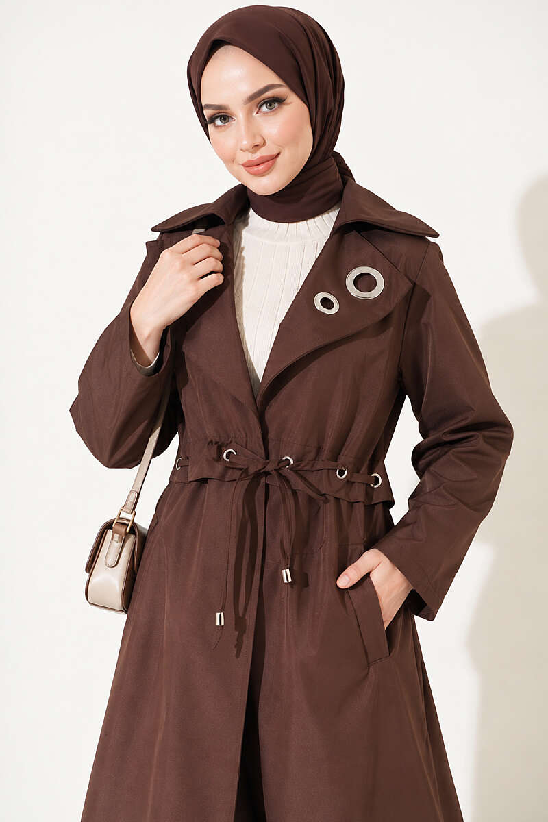 Trench Coat with Eyelet Detail - Brown