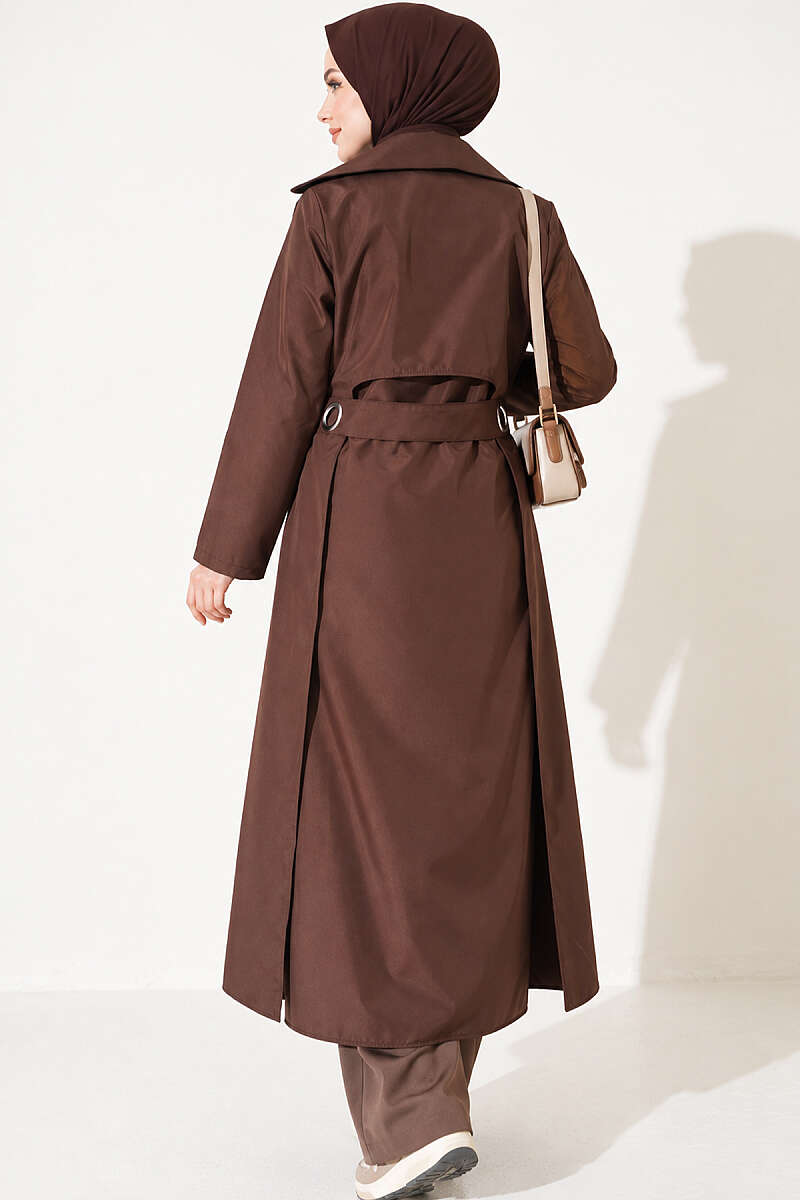 Trench Coat with Eyelet Detail - Brown