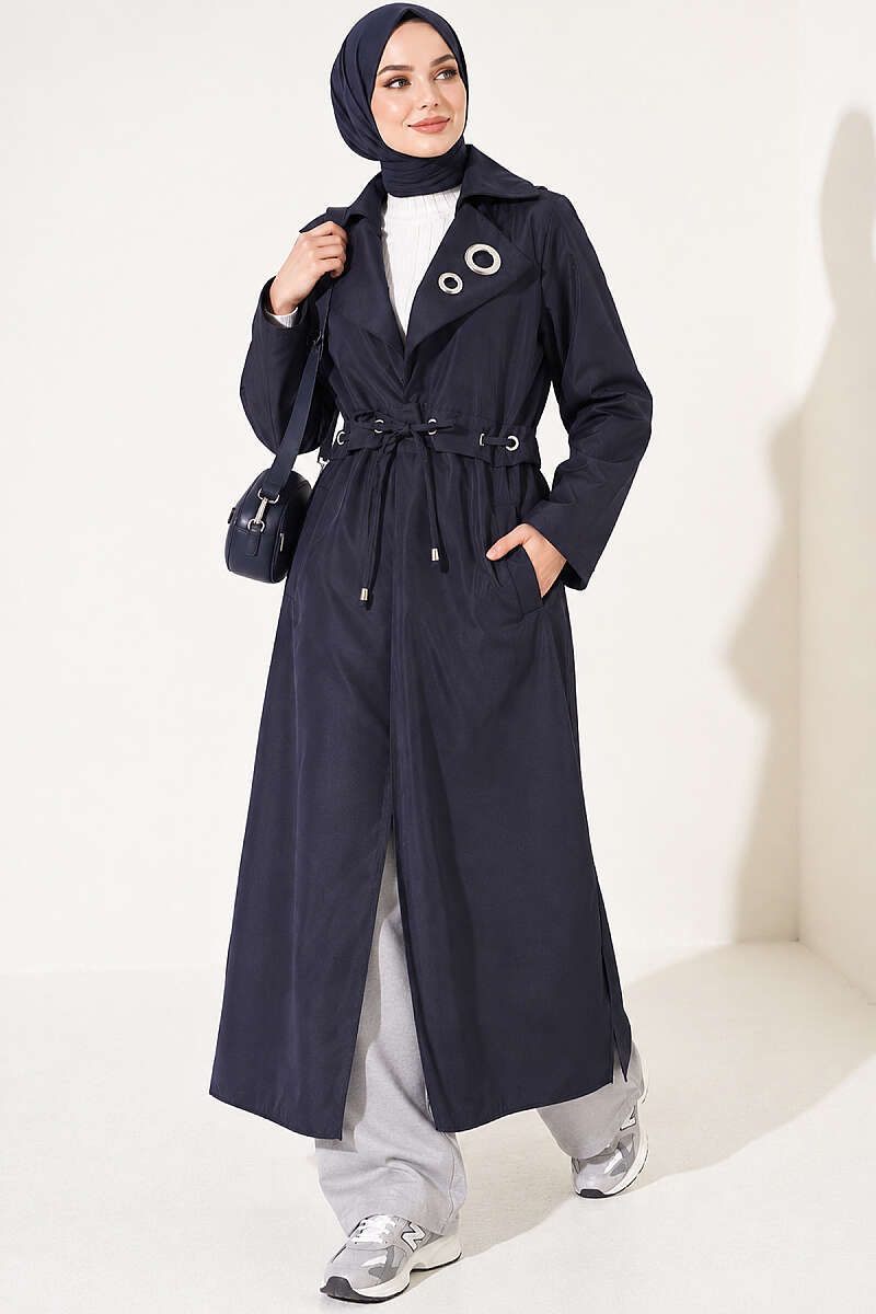 Trench Coat with Eyelet Detail - Navy
