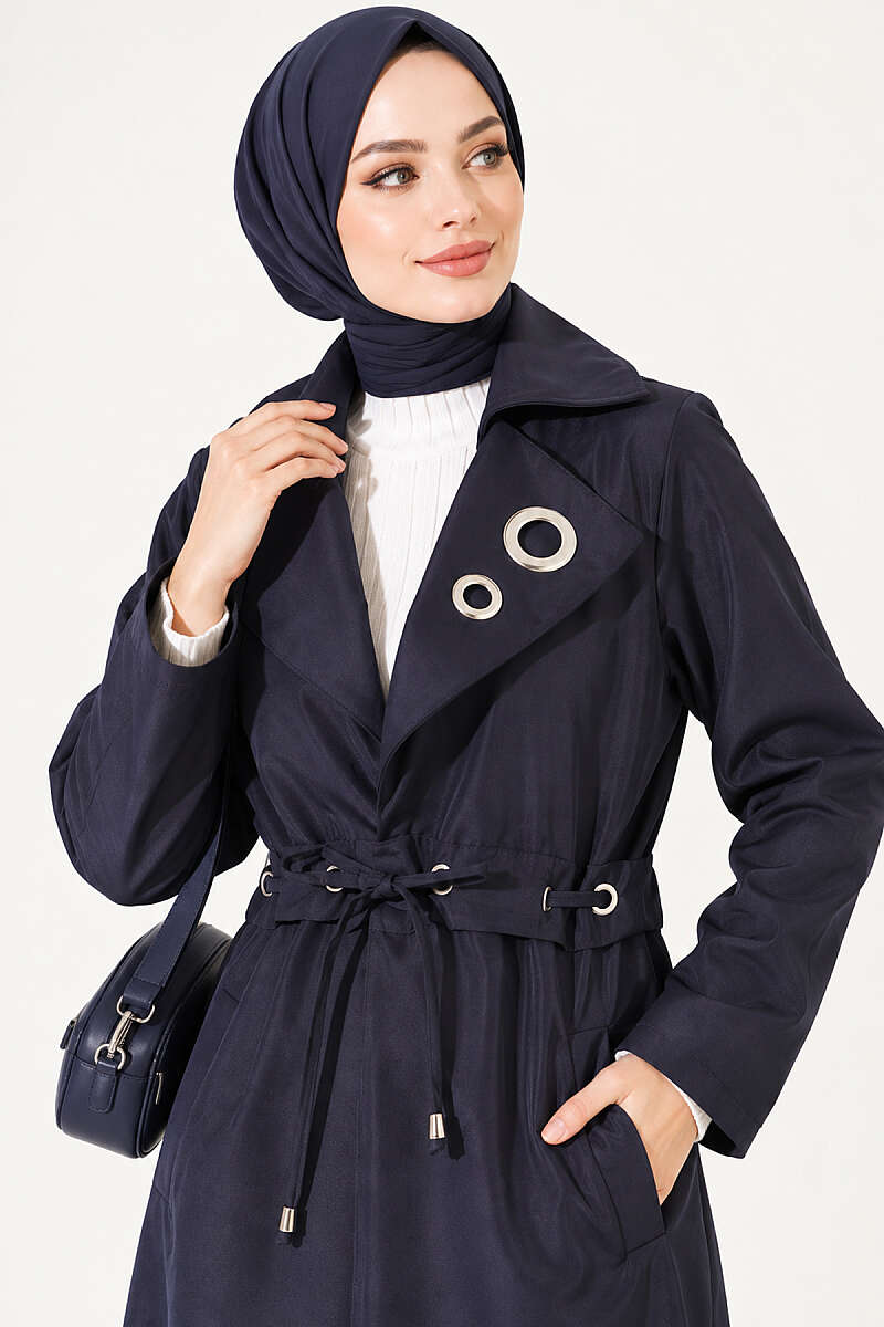 Trench Coat with Eyelet Detail - Navy