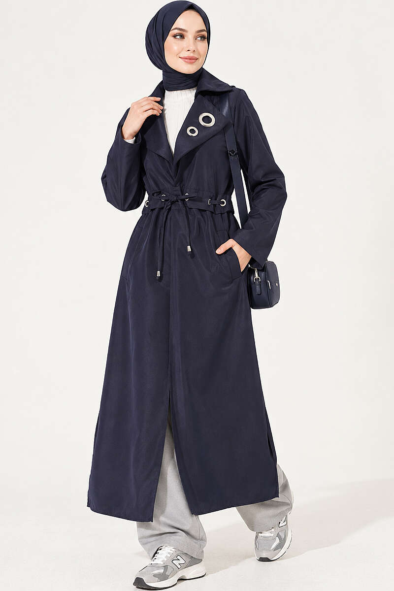 Trench Coat with Eyelet Detail - Navy