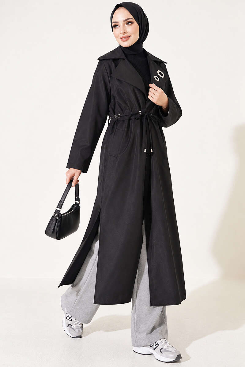 Trench Coat with Eyelet Detail - Black