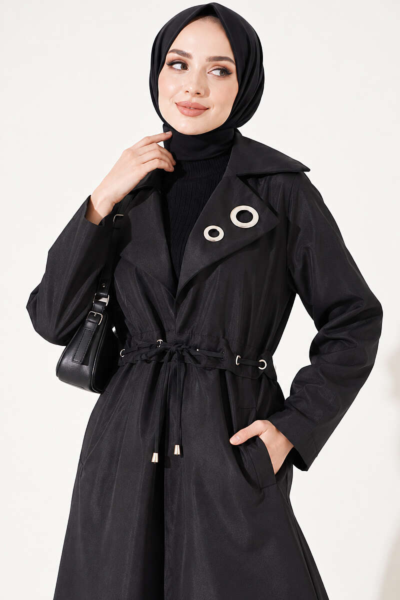 Trench Coat with Eyelet Detail - Black