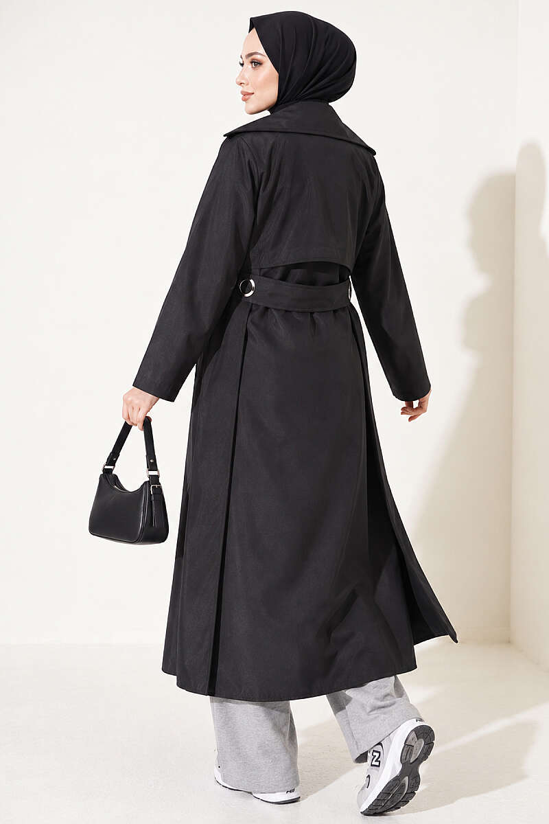 Trench Coat with Eyelet Detail - Black