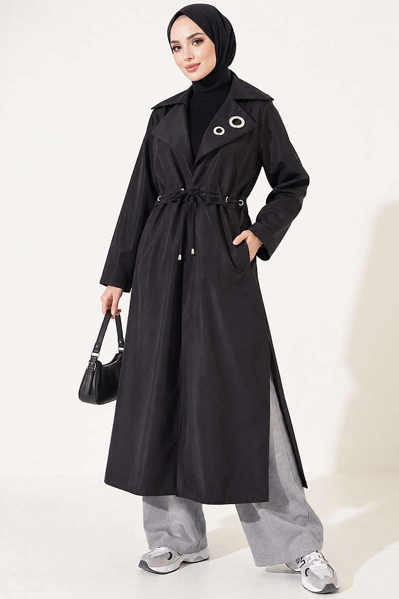 Trench Coat with Eyelet Detail - Black