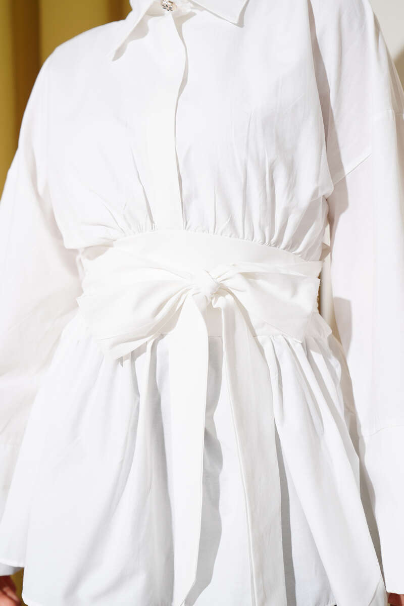 Half-Button Tunic with Ruched Belt - White