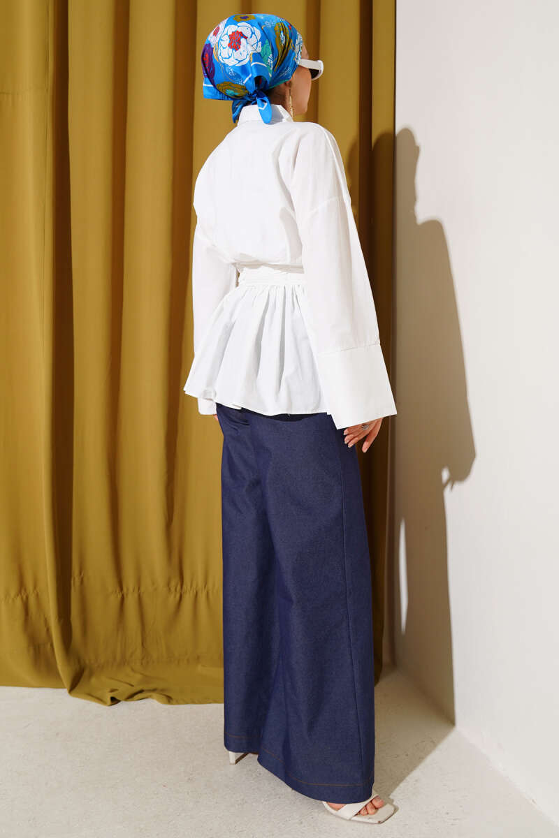 Half-Button Tunic with Ruched Belt - White