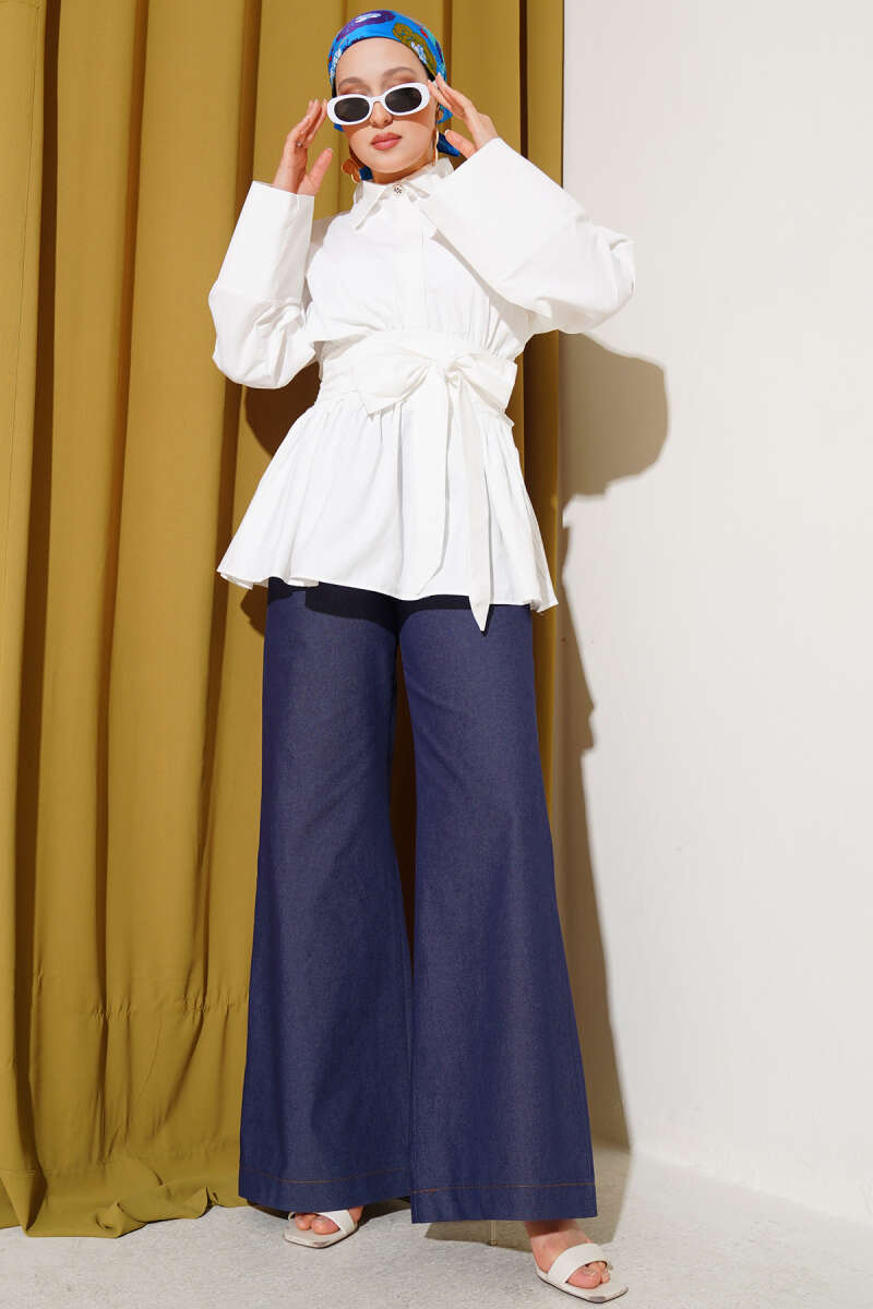 Half-Button Tunic with Ruched Belt - White