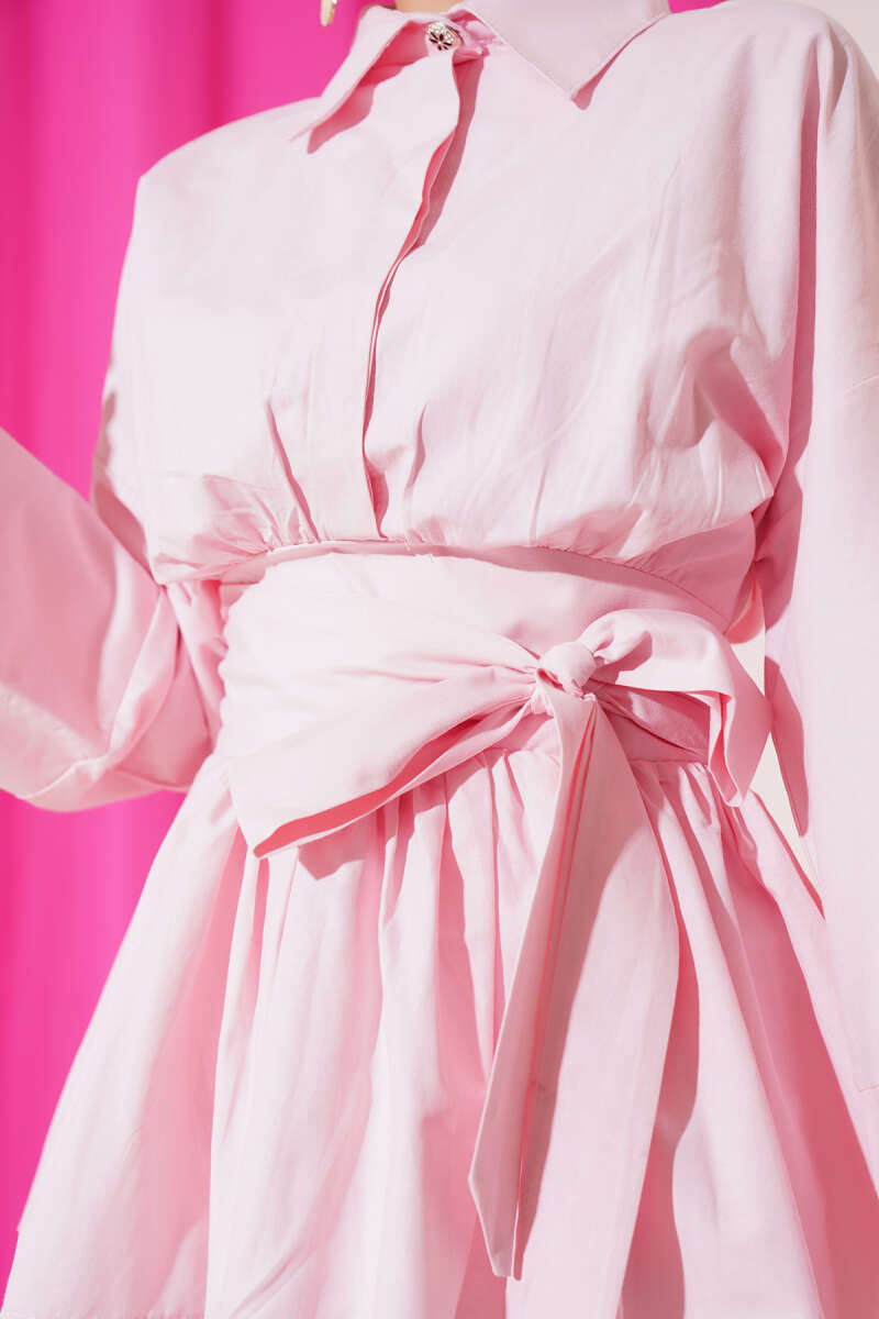 Half-Button Tunic with Ruched Belt - Pink