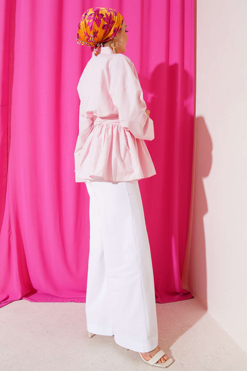 Half-Button Tunic with Ruched Belt - Pink