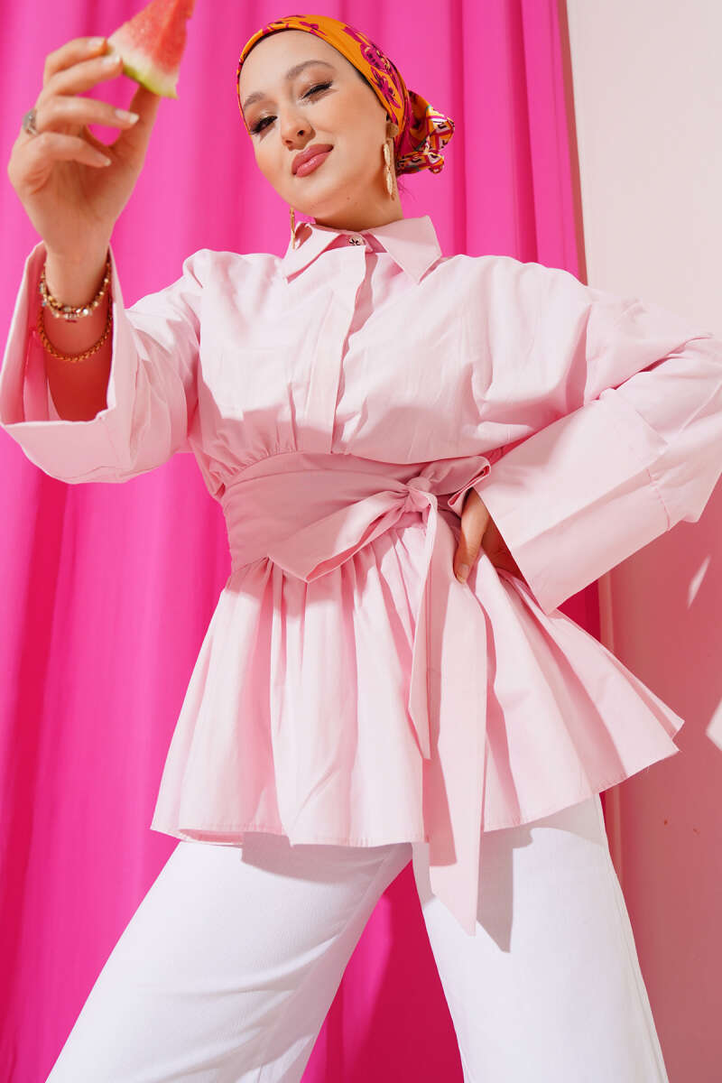 Half-Button Tunic with Ruched Belt - Pink