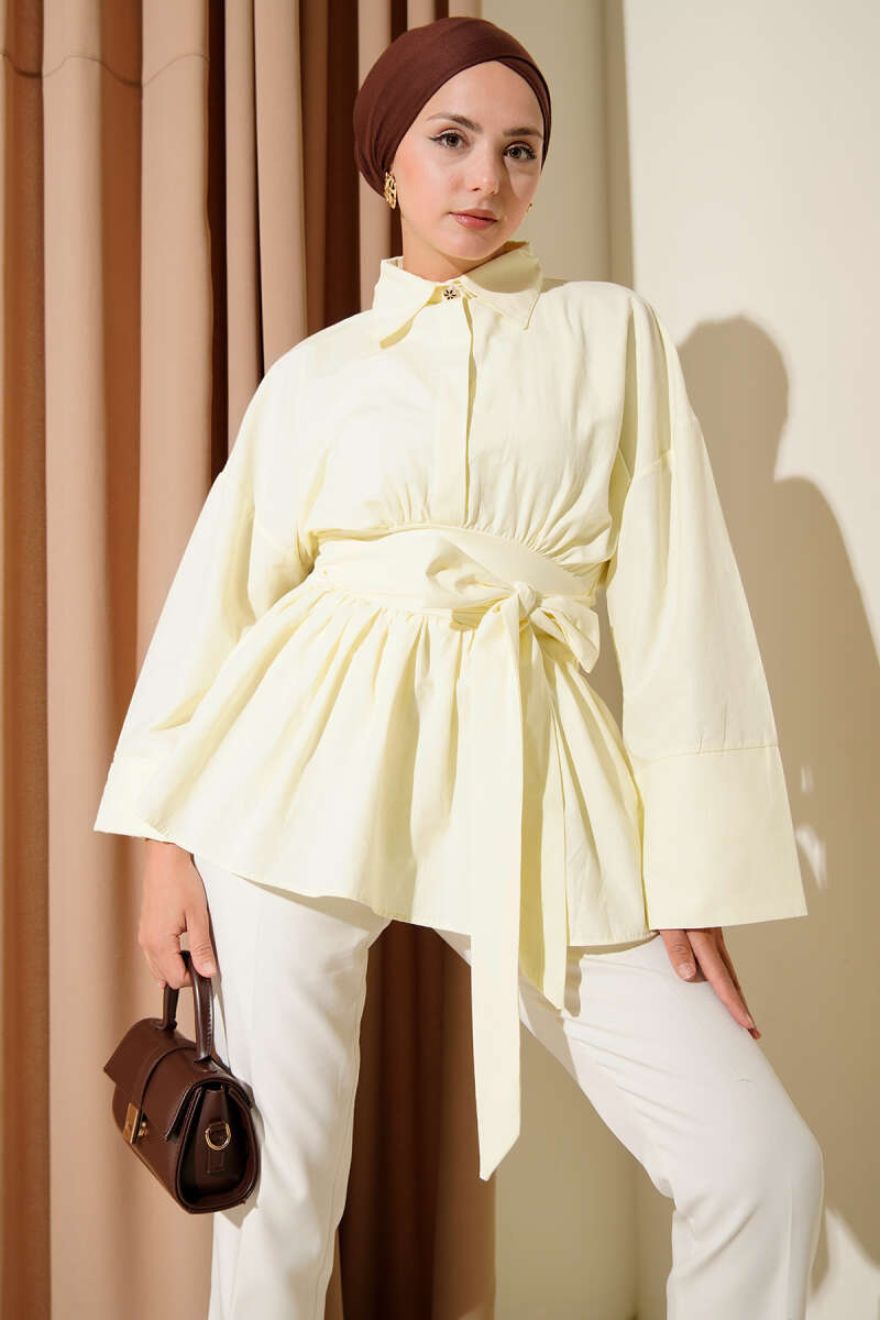 Half-Button Tunic with Ruched Belt - Yellow