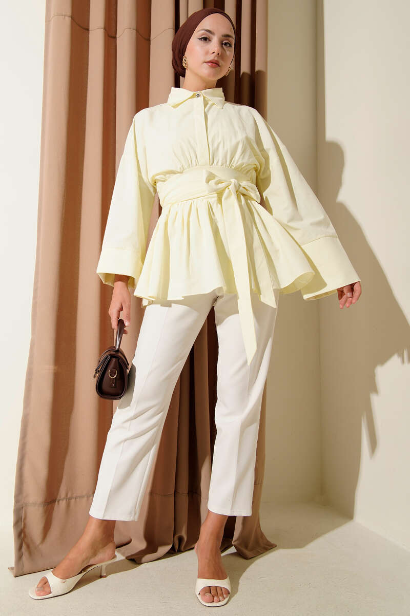 Half-Button Tunic with Ruched Belt - Yellow