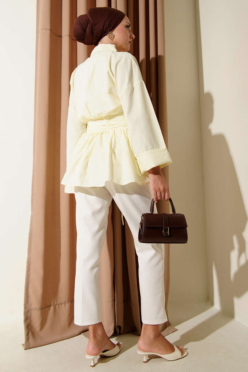 Half-Button Tunic with Ruched Belt - Yellow
