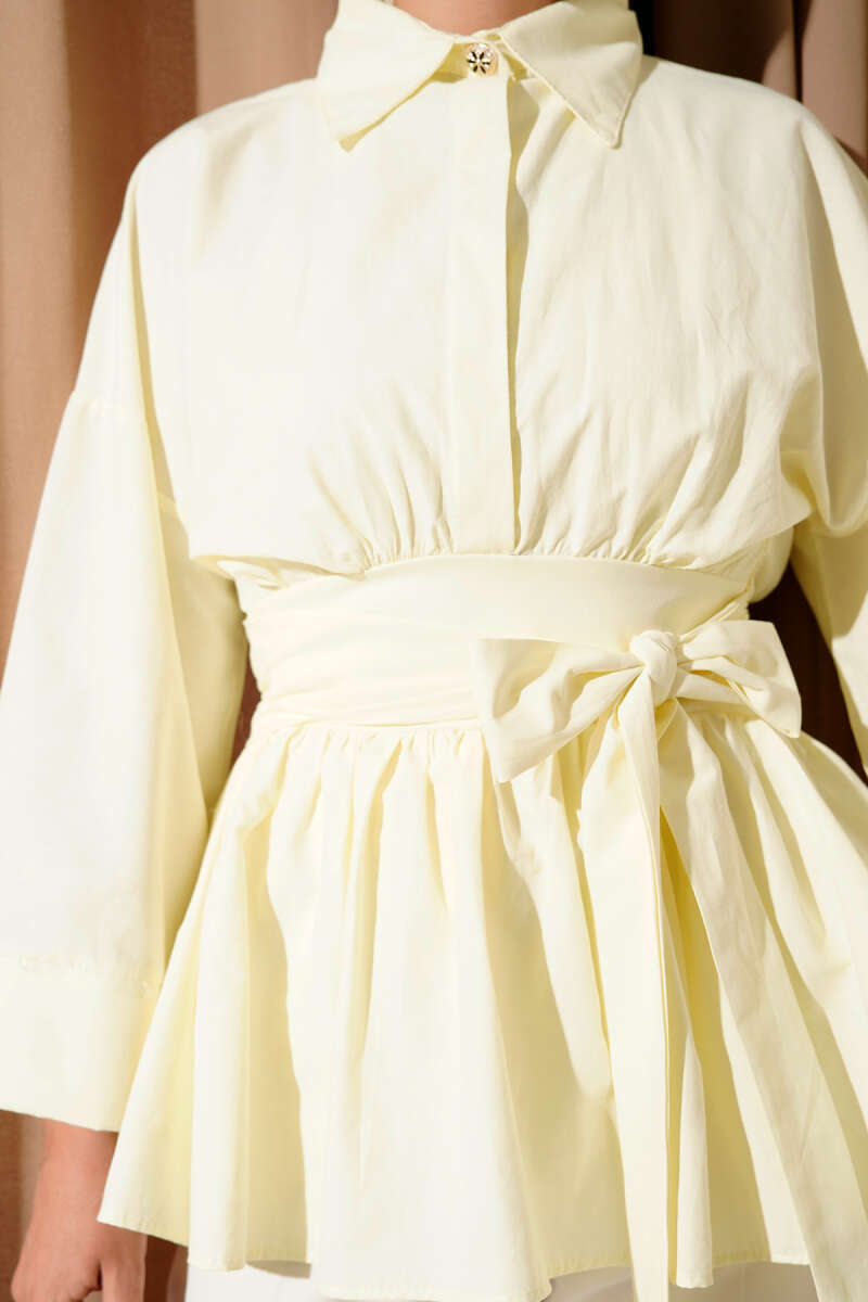 Half-Button Tunic with Ruched Belt - Yellow