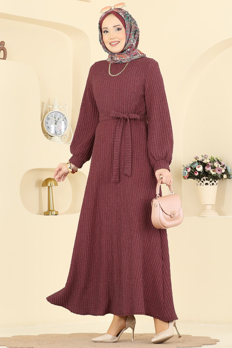 Crinkle Dress with Sash - Burgundy