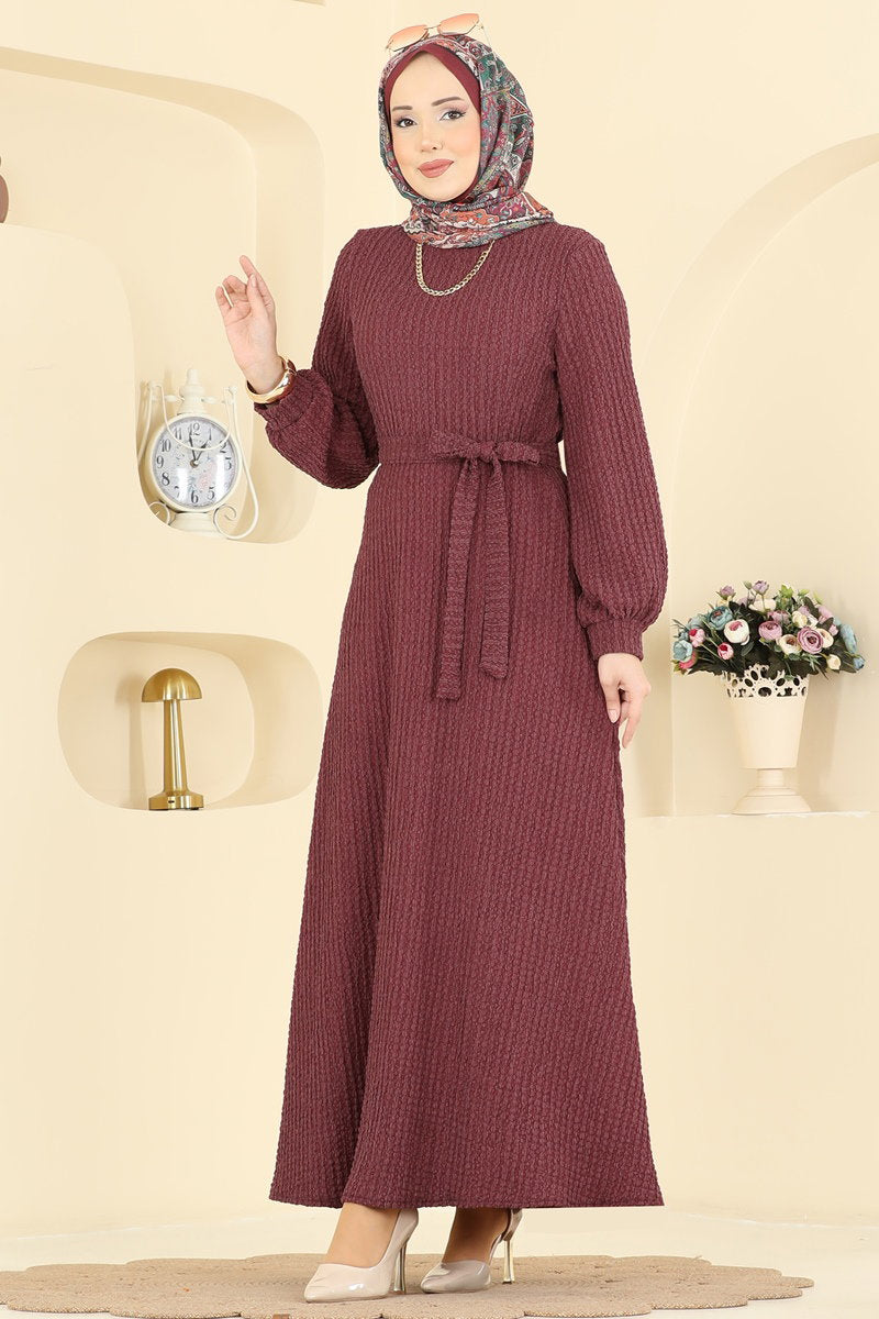 Crinkle Dress with Sash - Burgundy