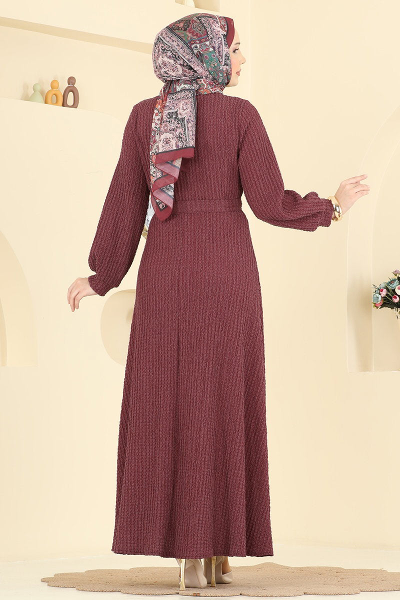 Crinkle Dress with Sash - Burgundy