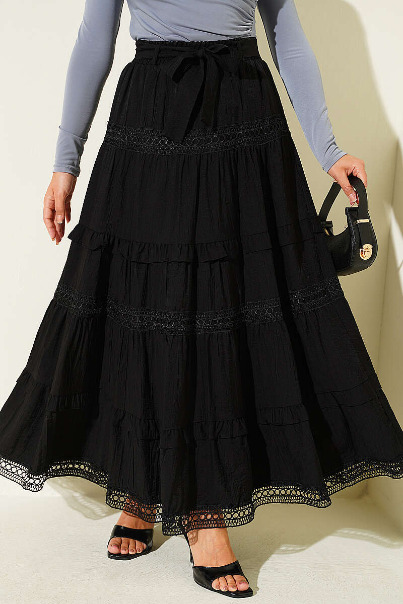 Guipure Skirt with Sash Detail - Black