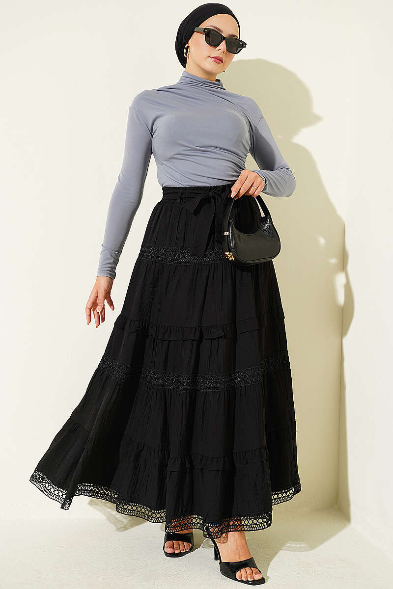 Guipure Skirt with Sash Detail - Black
