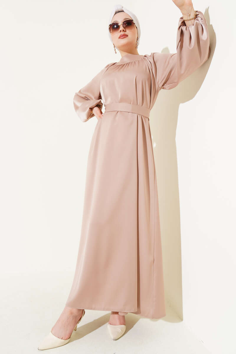 Belted Balloon-Sleeve Satin Evening Dress - Beige