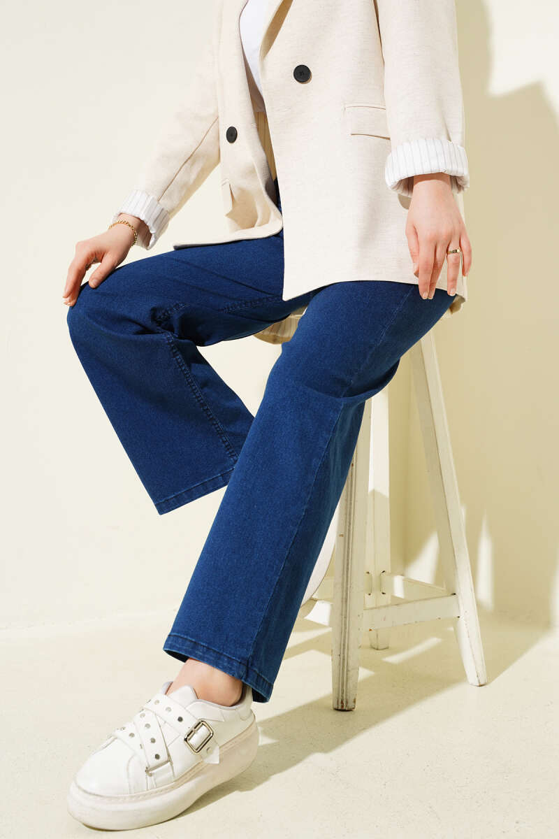 Belted Jeans with Elastic Waist and Tie - Navy