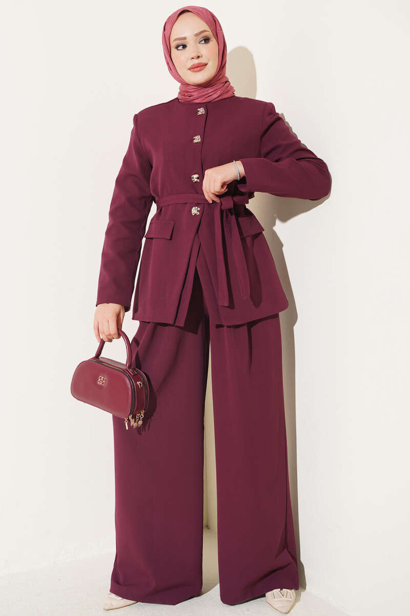 Belted Jacket Two-Piece Set with Pocket Detail - Burgundy