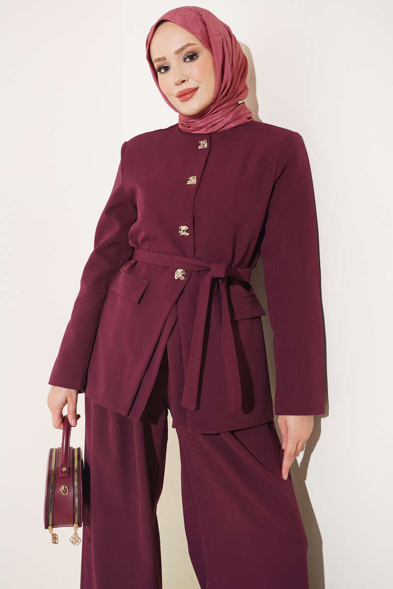 Belted Jacket Two-Piece Set with Pocket Detail - Burgundy
